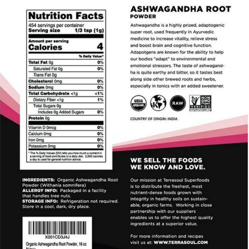 Terrasoul SuperFoods Organic Ashwagandha Root Powder – Adaptogenic Super Root, 16oz