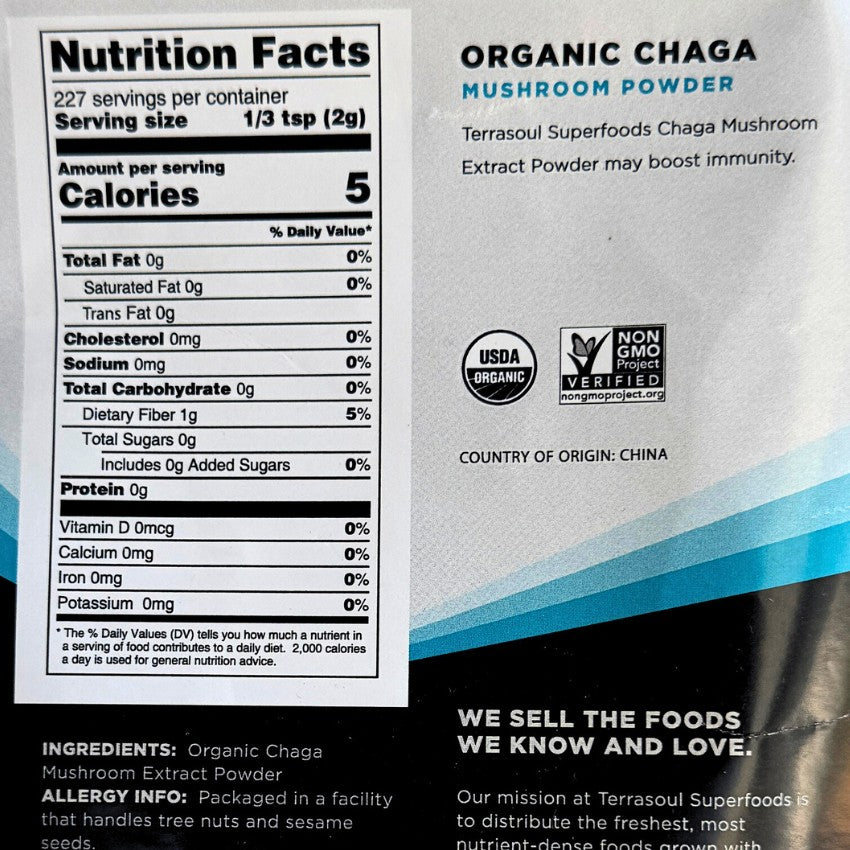 Terrasoul SuperFoods Organic Chaga Mushroom Powder – 4:1 Extract, 16oz