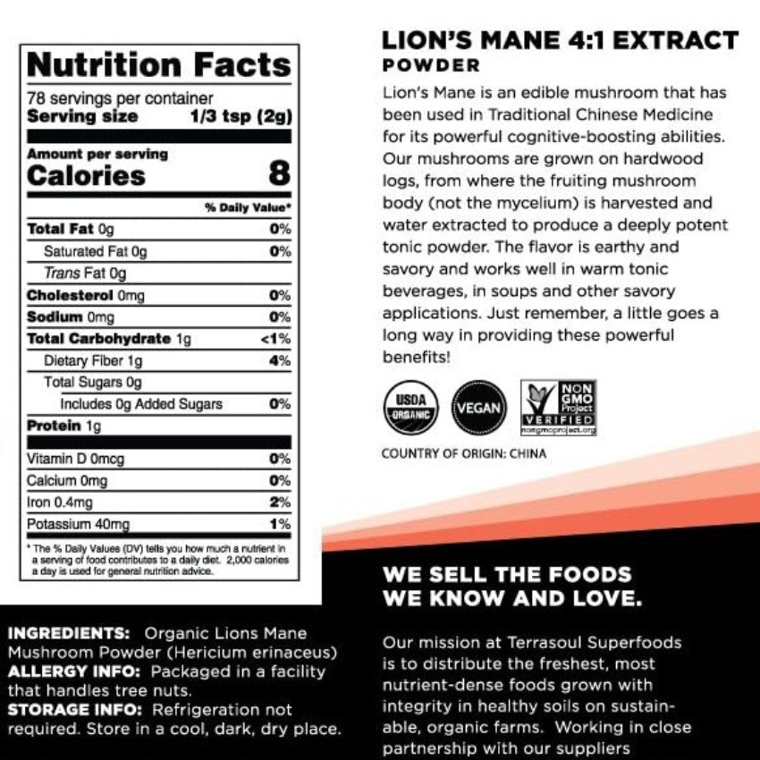 Terrasoul SuperFoods Organic Lion’s Mane Mushroom Powder – Memory Mushroom, 5.5oz