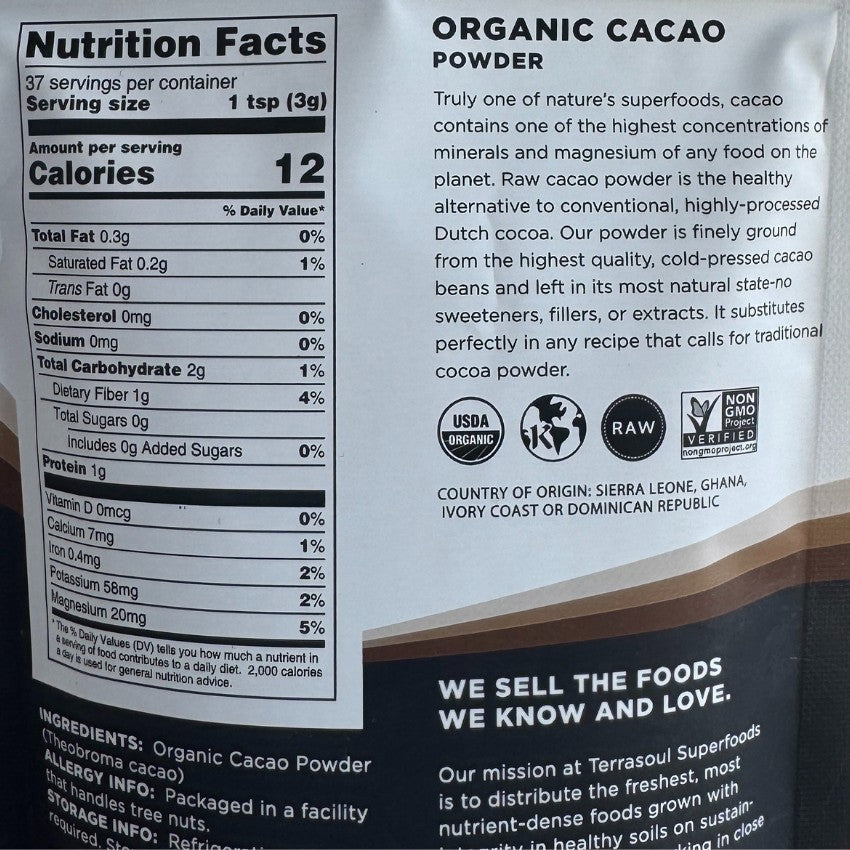 Terrasoul SuperFoods Organic Cacao Powder – Cold-Pressed, 4oz Superfood