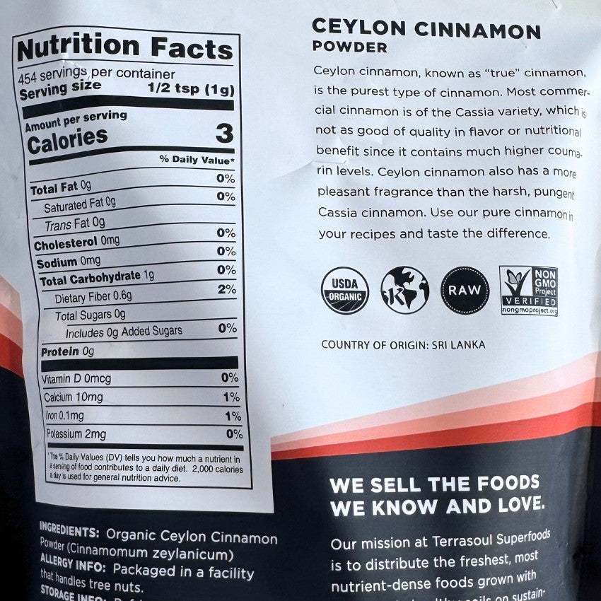 Terrasoul SuperFoods Organic Ceylon Cinnamon Powder – True Cinnamon, 16oz