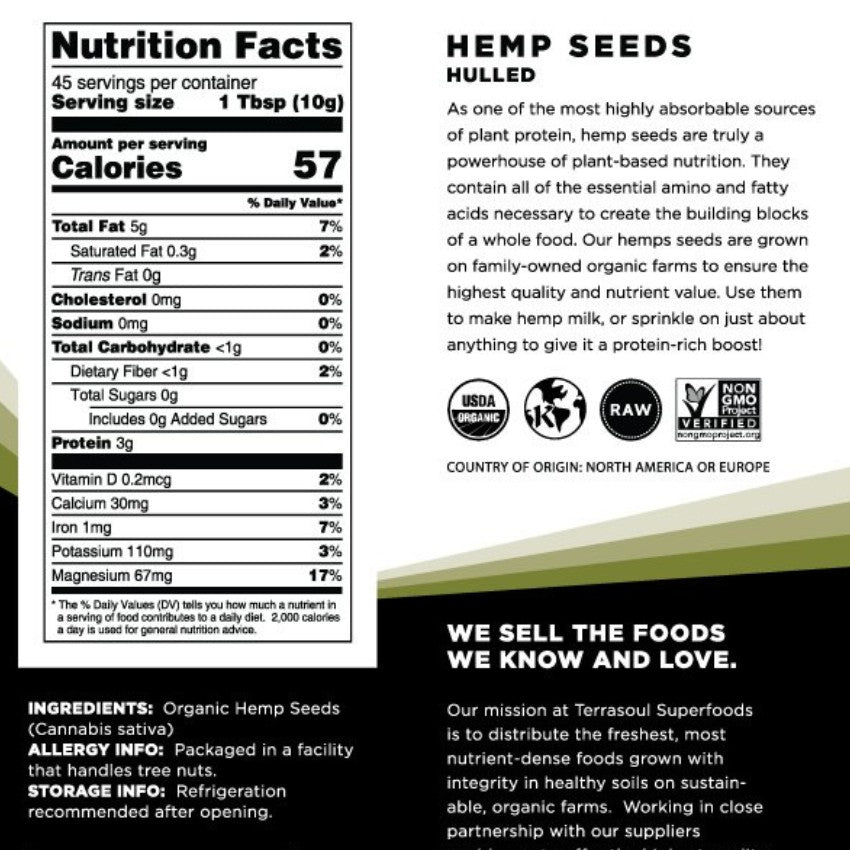 Terrasoul SuperFoods Organic Hemp Seeds – Hulled, Plant Protein Superfood, 16oz