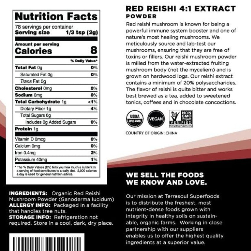 Terrasoul SuperFoods Organic Red Reishi Mushroom Powder – 4:1 Extract, 16oz