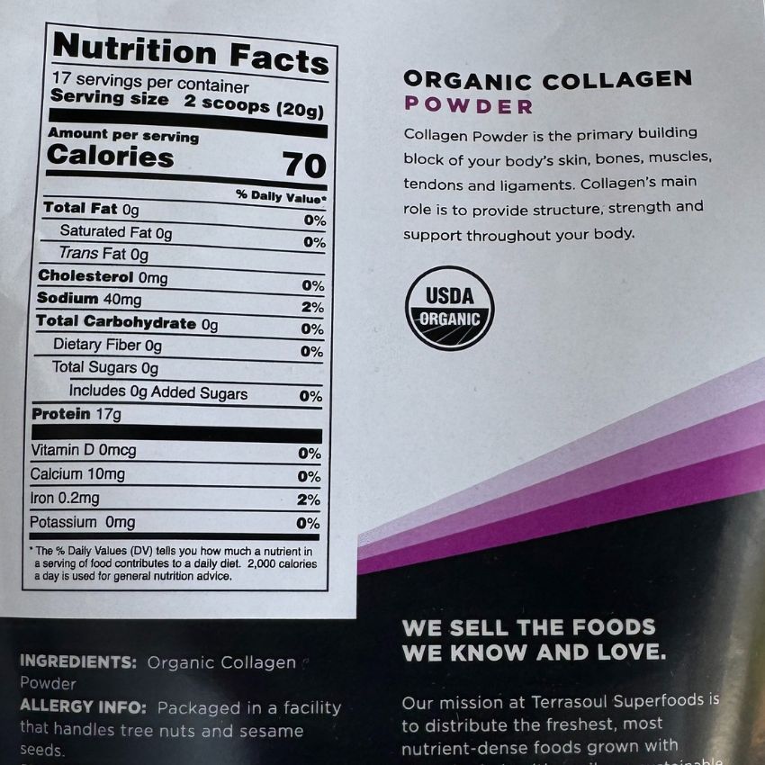 Nutrition facts label and description of organic collagen powder on a packaging background.