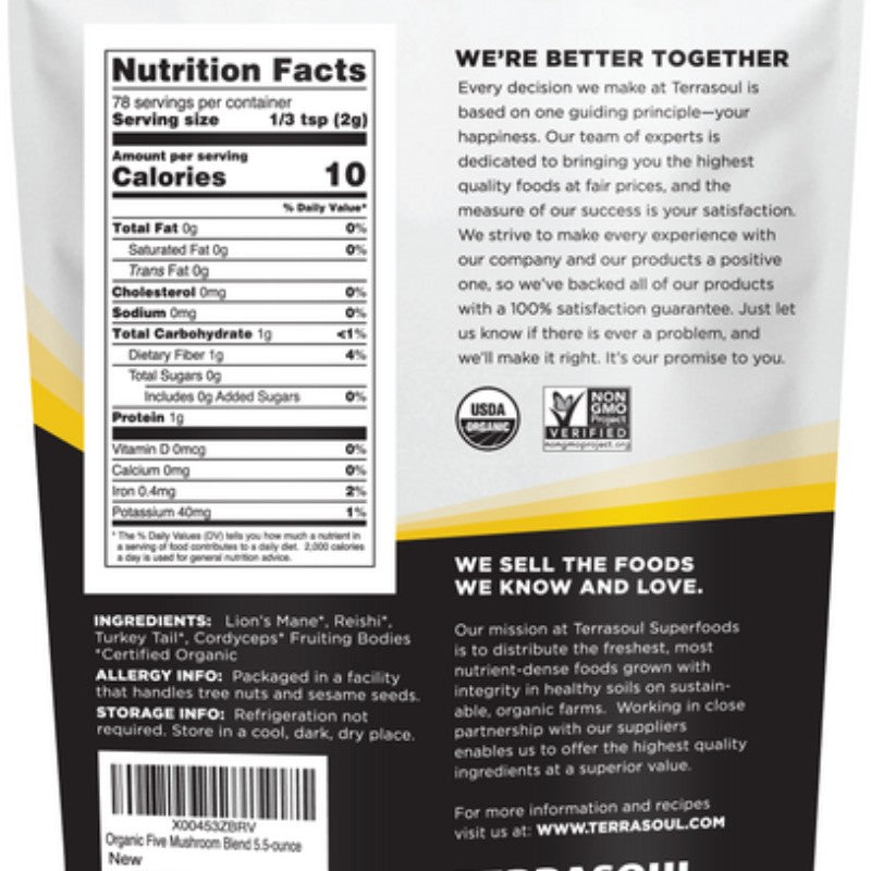 Terrasoul SuperFoods Immunity Blend Mushroom Powder – 5-in-1 Powder, 5.5oz